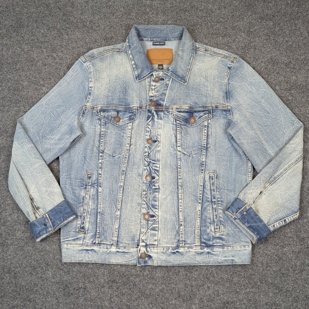 American Eagle Distressed Extreme Flex 4 Denim Jacket Light Wash Blue Mens Large